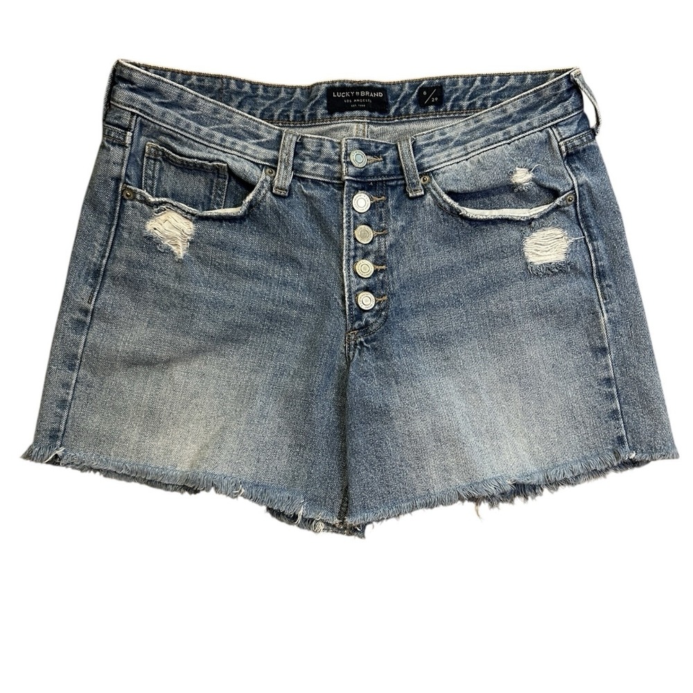 LUCKY BRAND Denim Boyfriend Short sz 8 Distressed Cut-off Style Button Fly Boho
